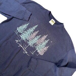 VTG 90s USA Tultex Wyoming Trees nature scene Crewneck Sweatshirt Sz L Navy Blue